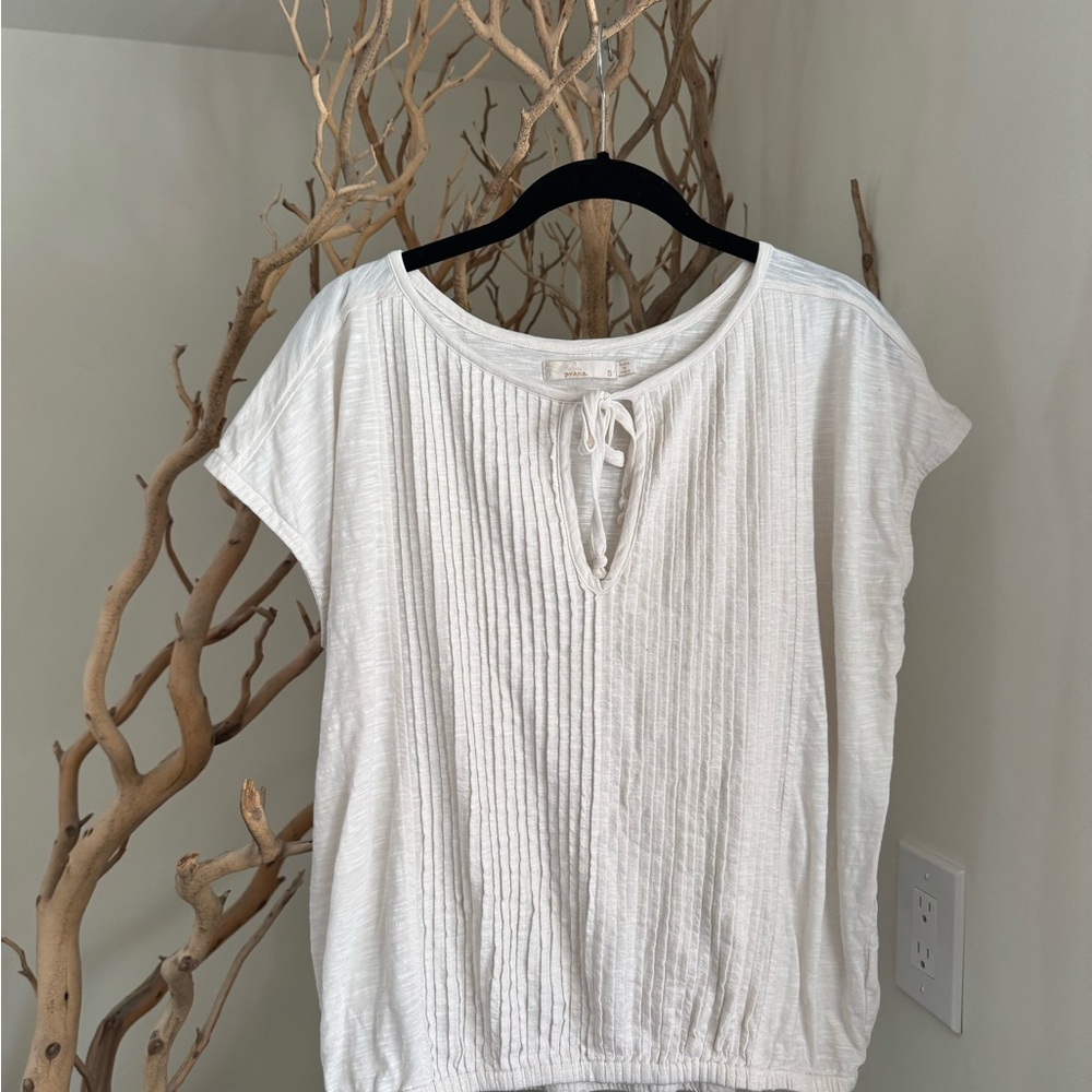Prana White Pintuck Tie-Front Top